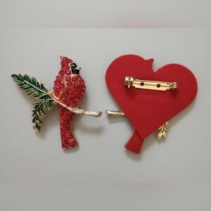 Red Cardinal and Heart Brooch Set